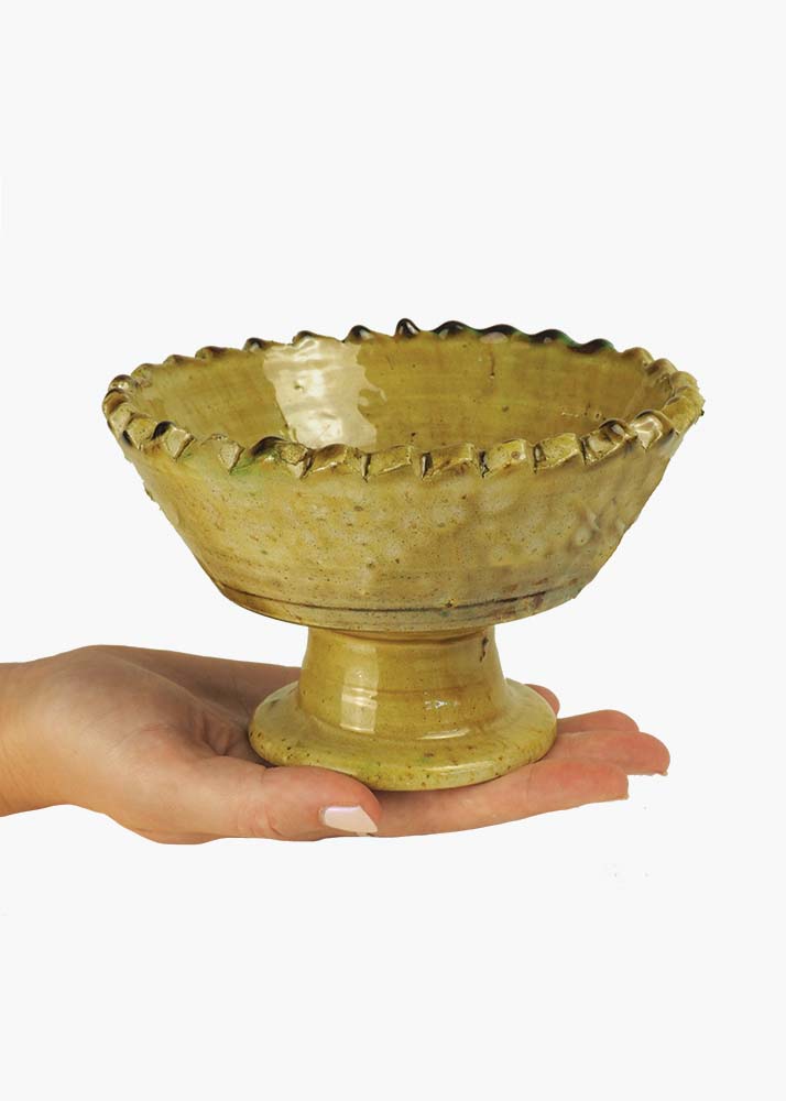 Vintage Tamegroute Ochre Jagged Edge Pedestal Fruit Bowl
