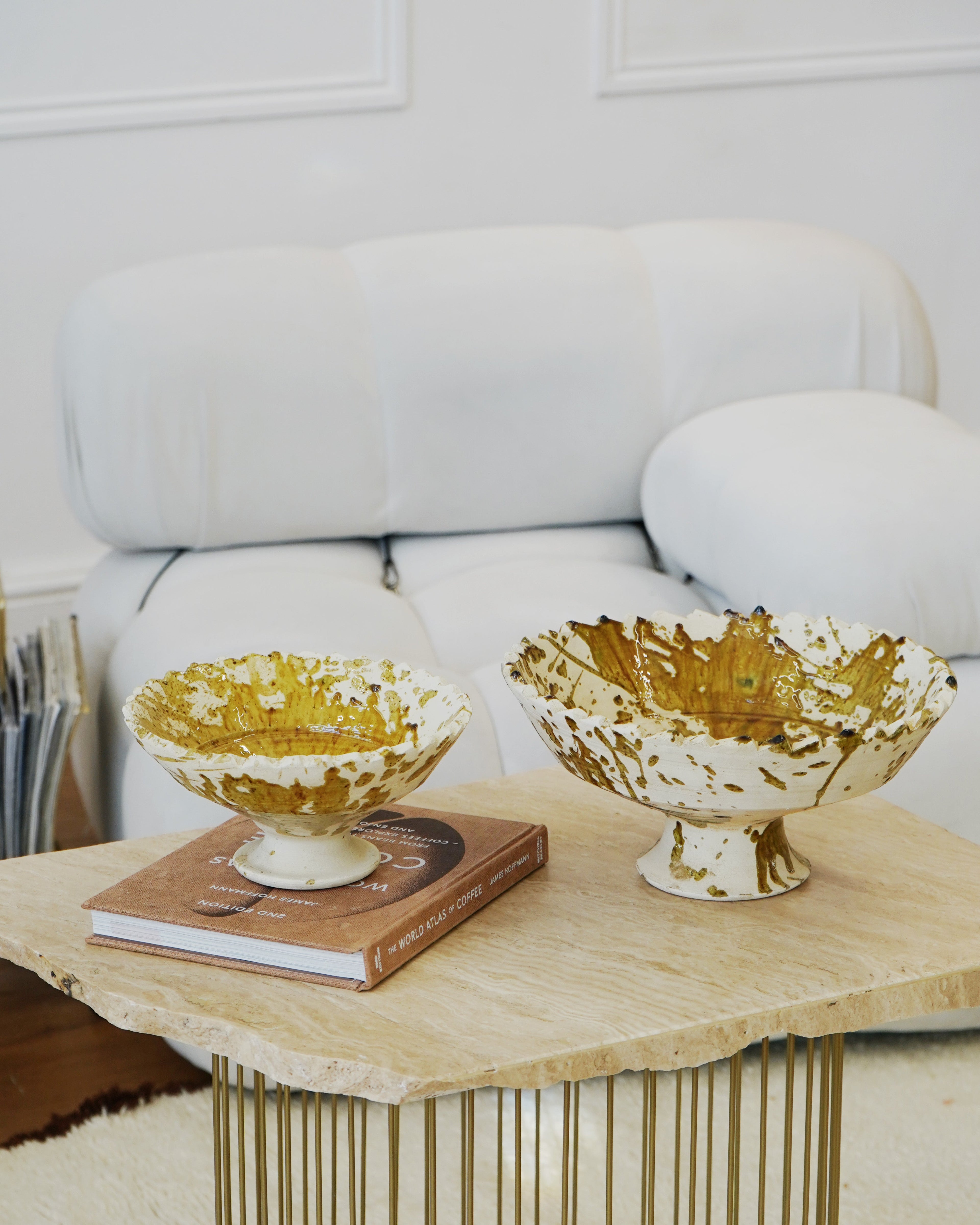 Tamegroute x Puglia Splatter Design Jagged Edge Pedestal Fruit Bowl- Ochre