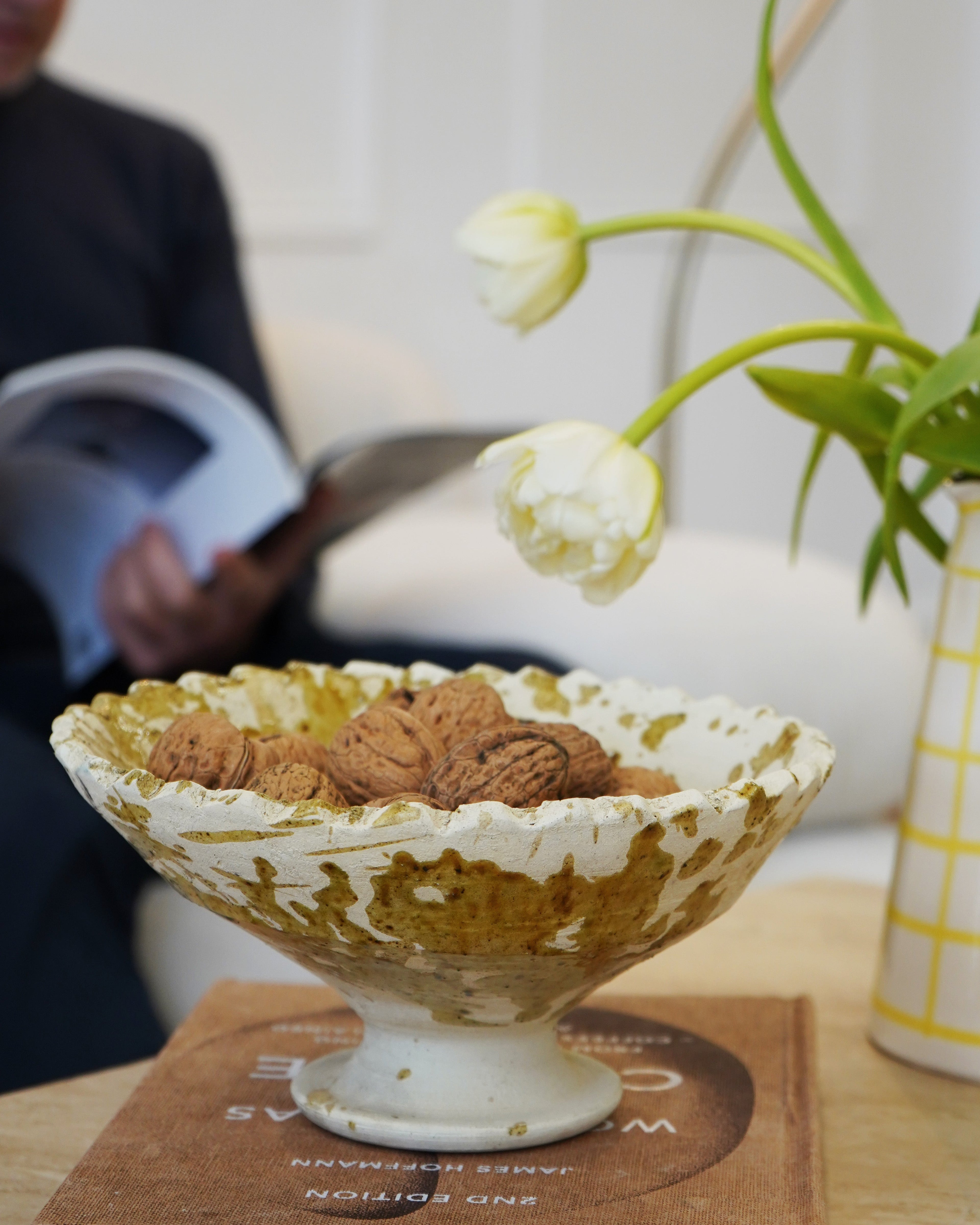 Tamegroute x Puglia Splatter Design Jagged Edge Pedestal Fruit Bowl- Ochre