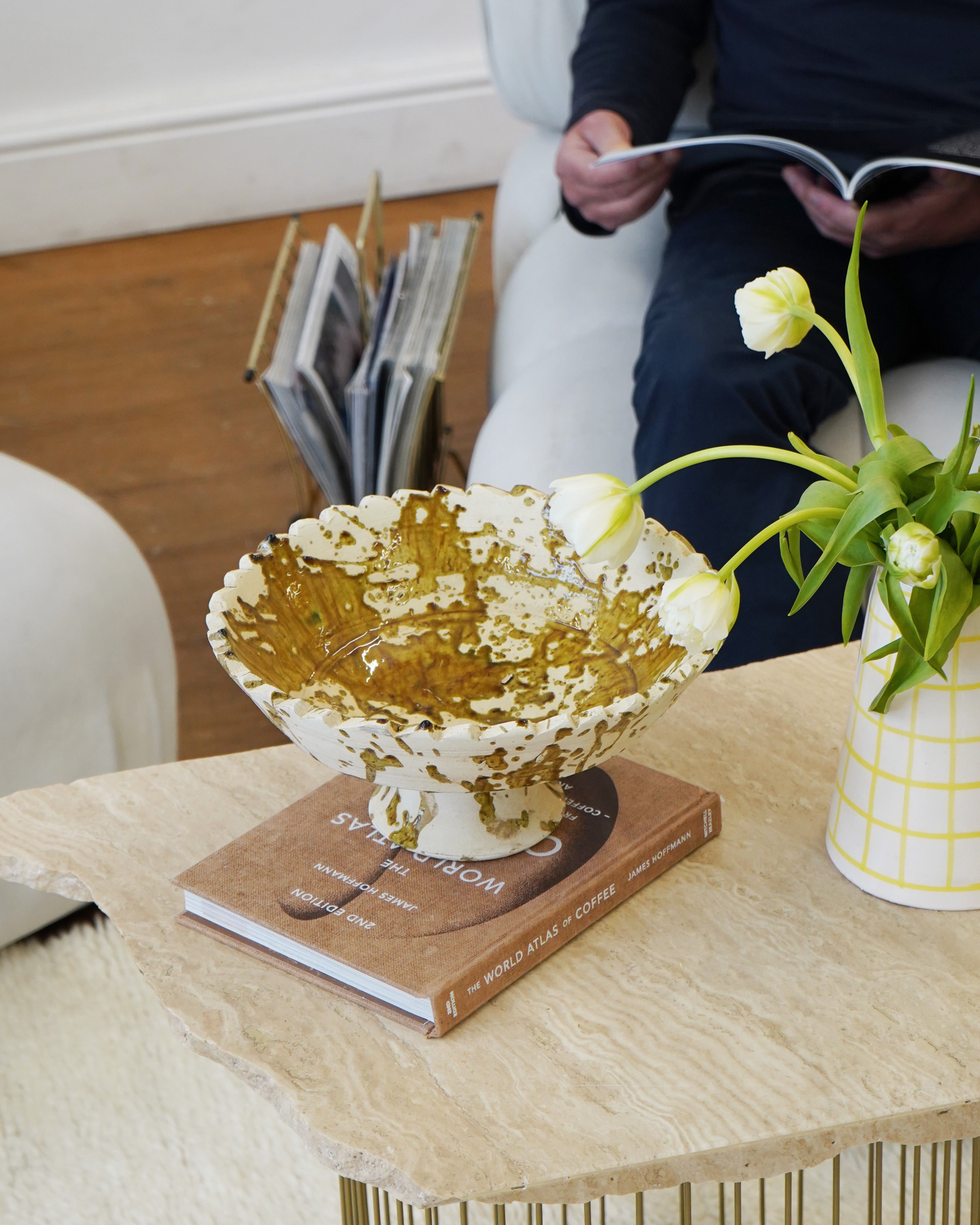 Tamegroute x Puglia Splatter Design Jagged Edge Pedestal Fruit Bowl- Ochre