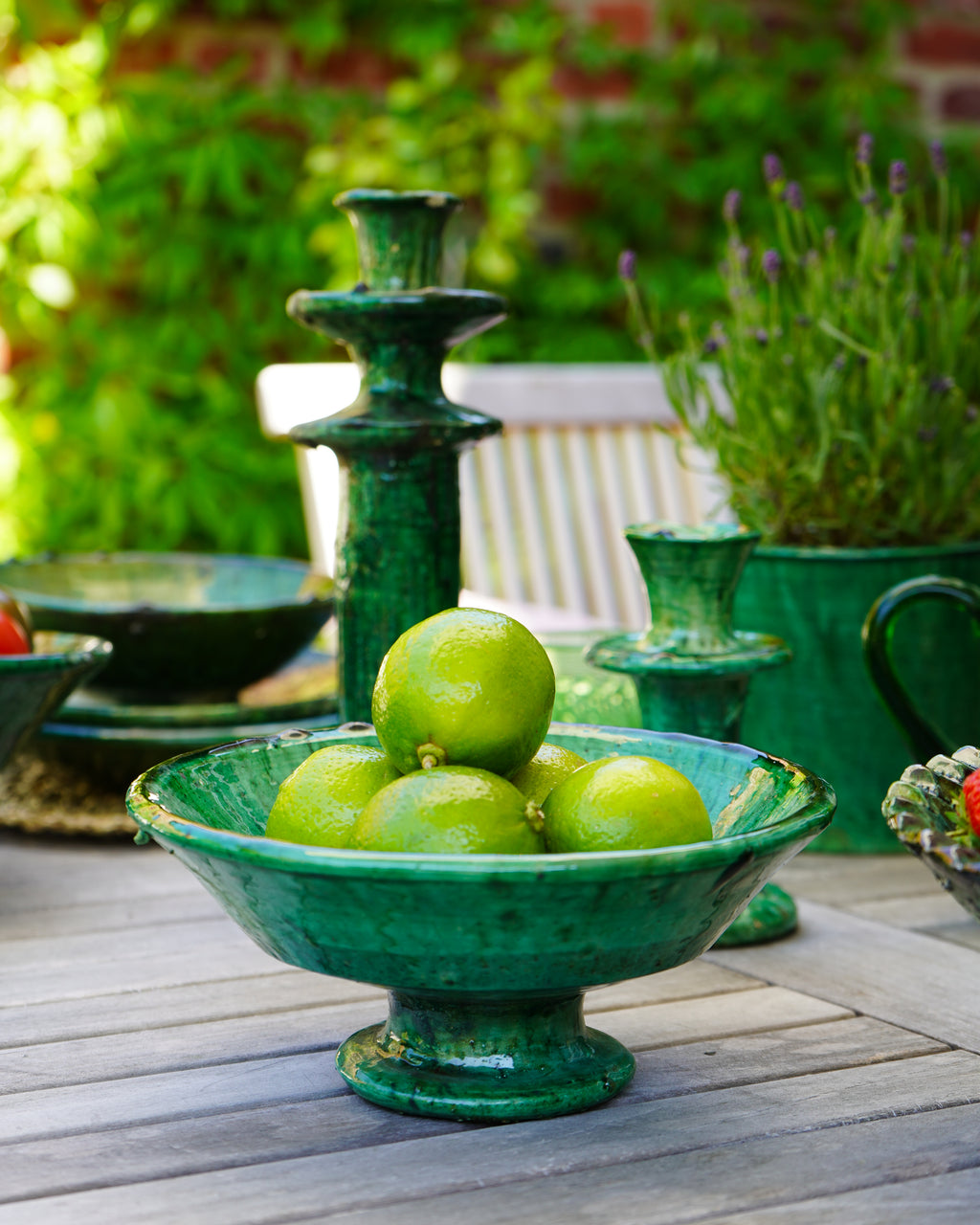 Vintage Tamegroute Green Plain Edge Pedestal Fruit Bowl
