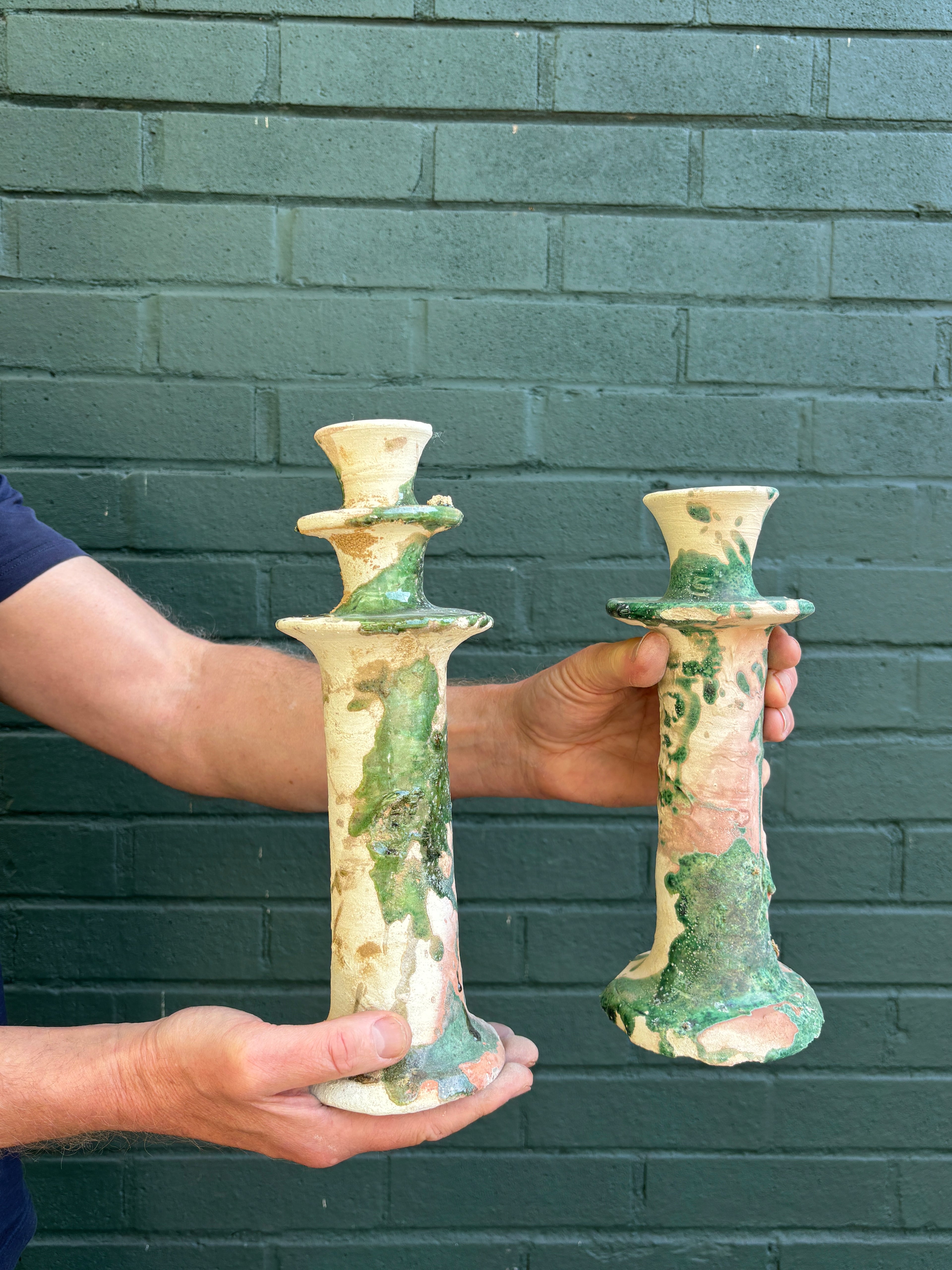SECONDS SALE Green Splatter Tamegroute Candlestick Holders