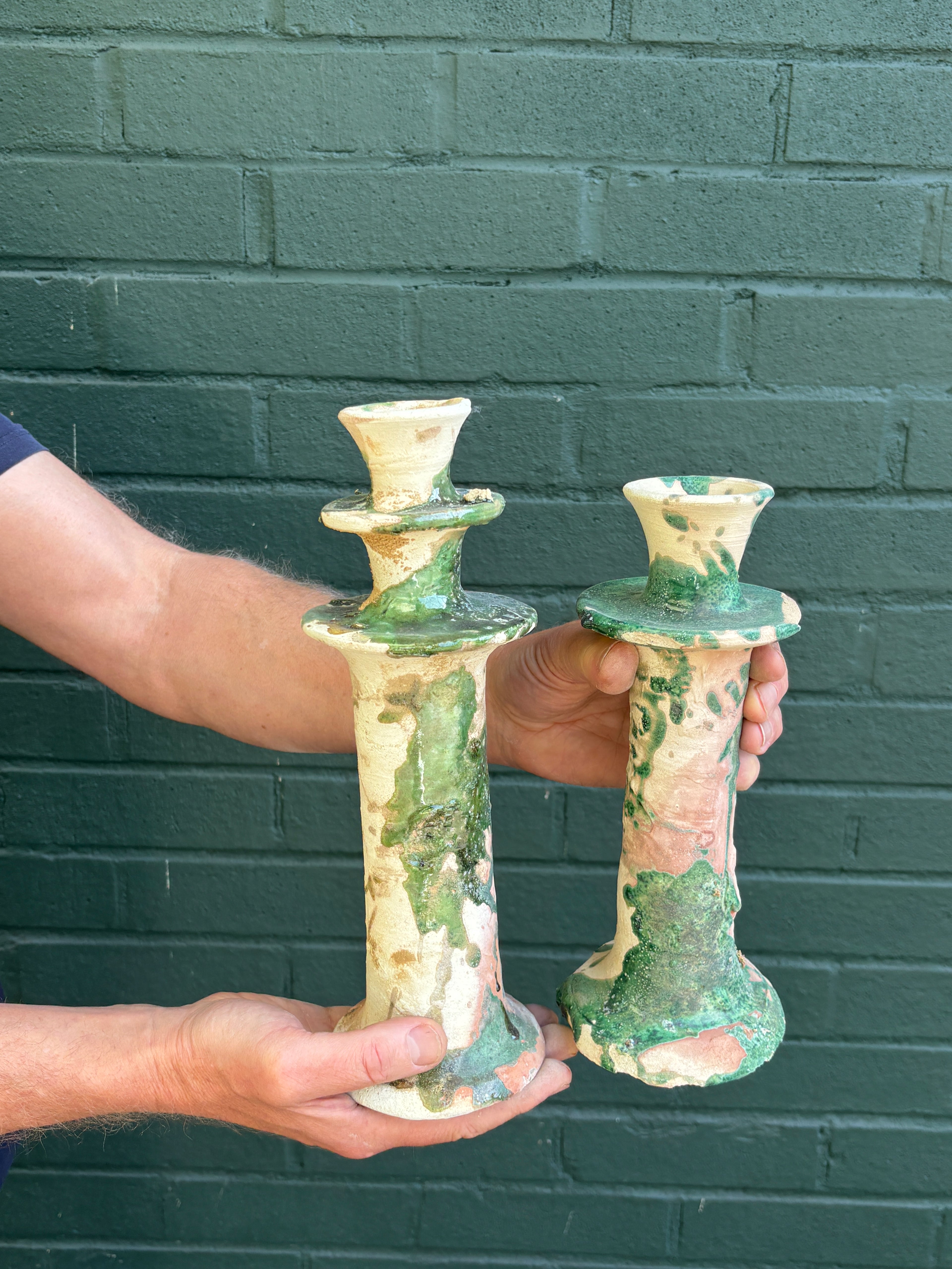 SECONDS SALE Green Splatter Tamegroute Candlestick Holders