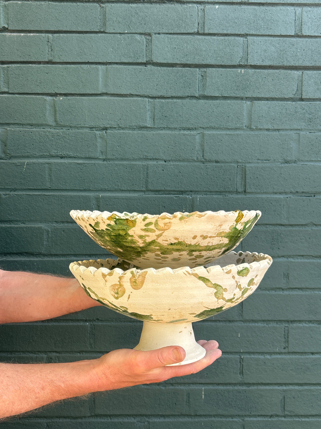 SECONDS SALE  Tamegroute Green Splatter Pedestal Fruit Bowl