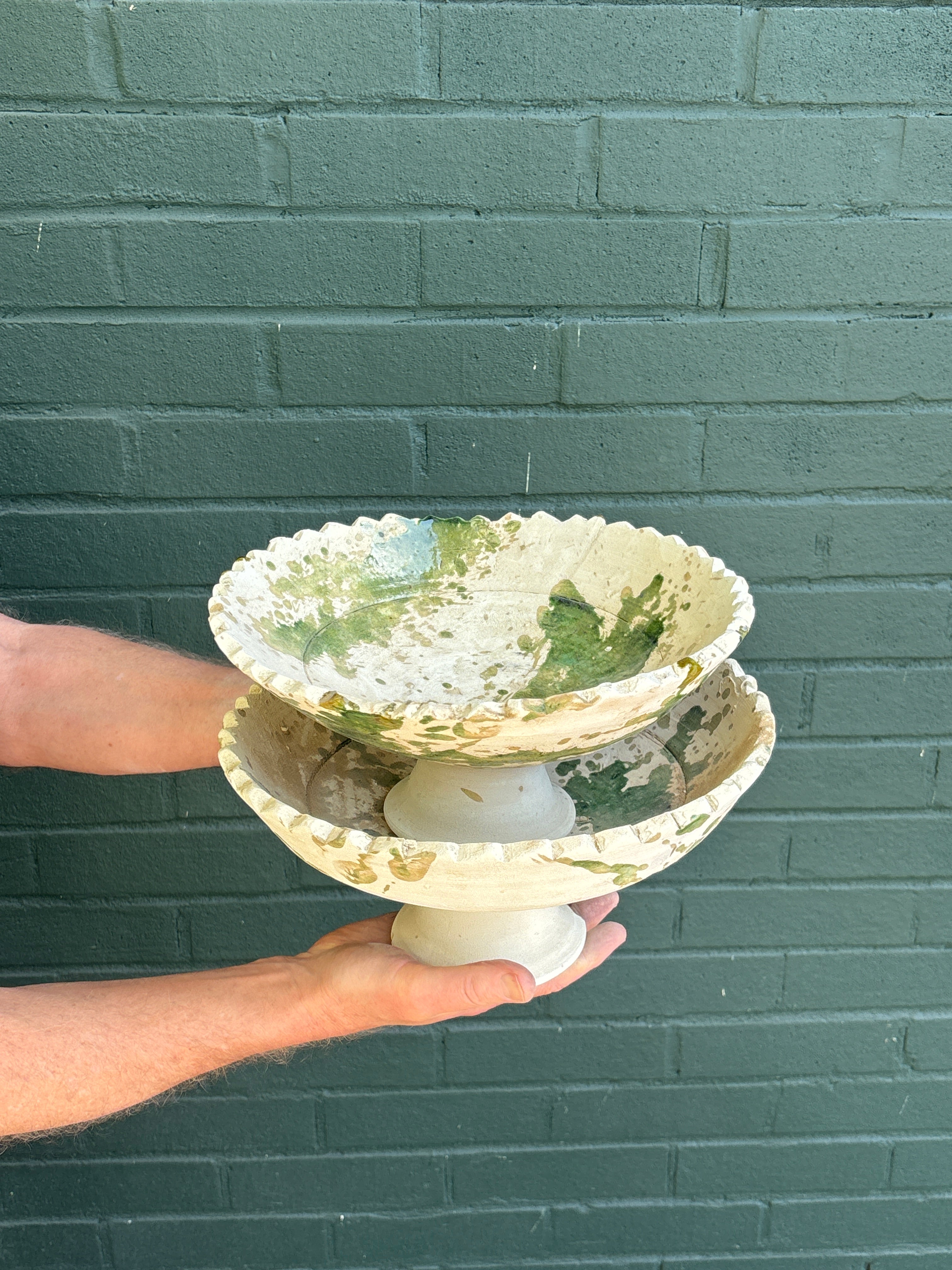 SECONDS SALE  Tamegroute Green Splatter Pedestal Fruit Bowl