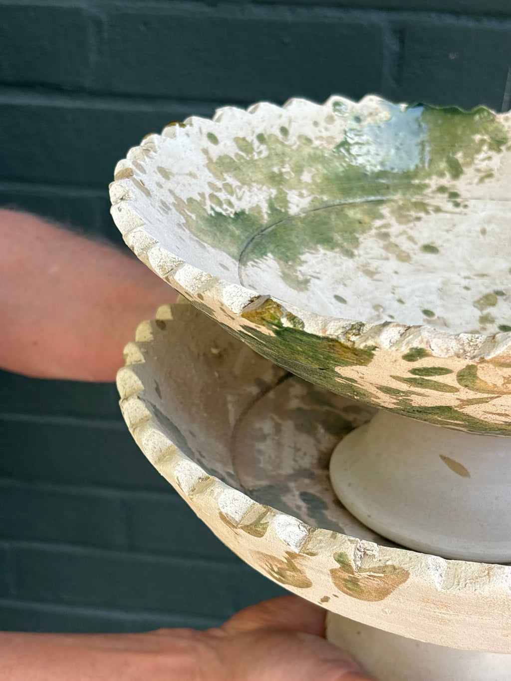 SECONDS SALE  Tamegroute Green Splatter Pedestal Fruit Bowl