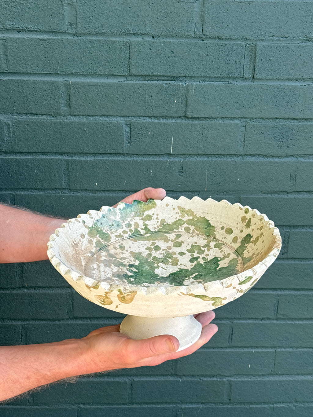 SECONDS SALE  Tamegroute Green Splatter Pedestal Fruit Bowl