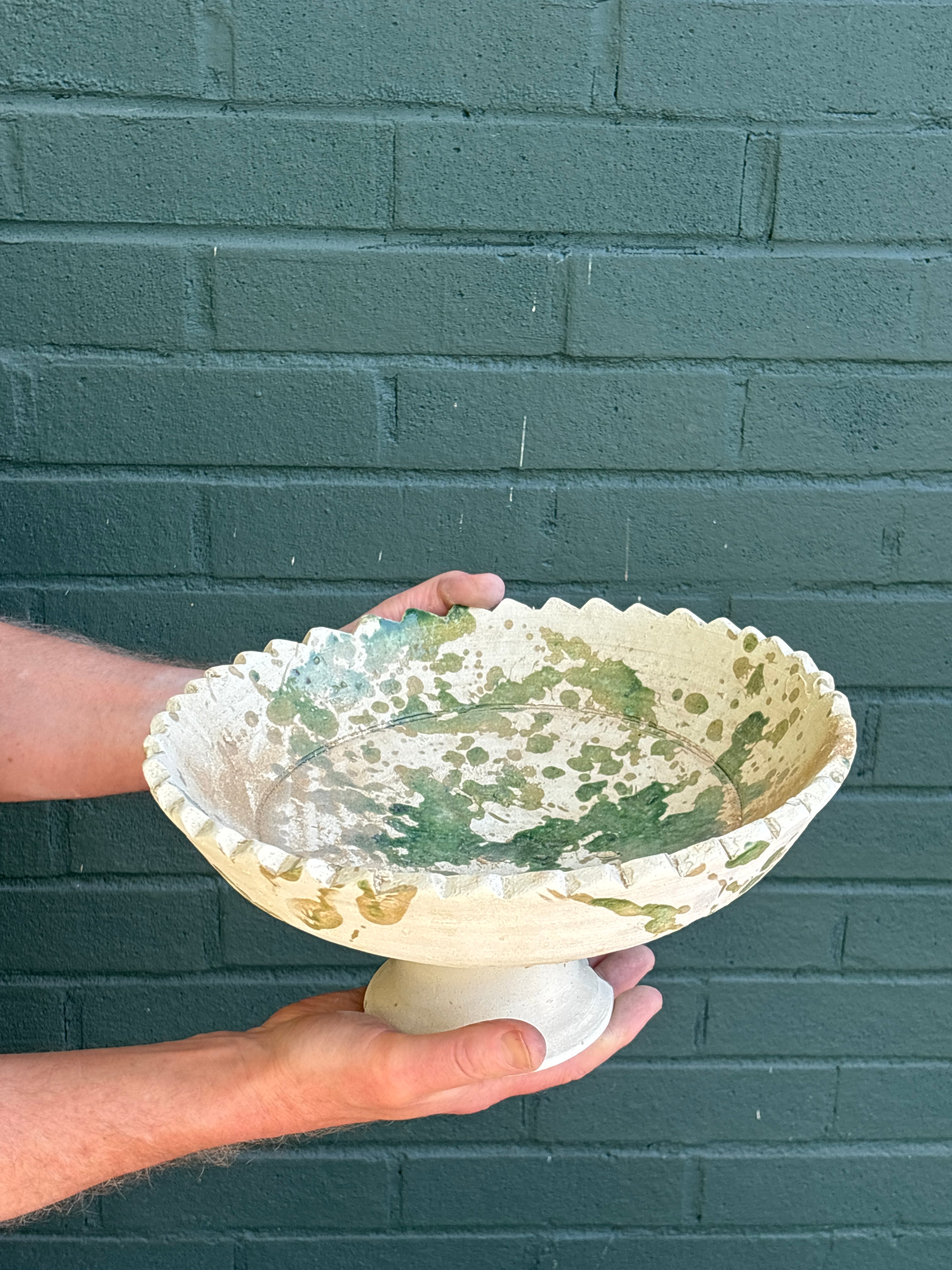 SECONDS SALE  Tamegroute Green Splatter Pedestal Fruit Bowl