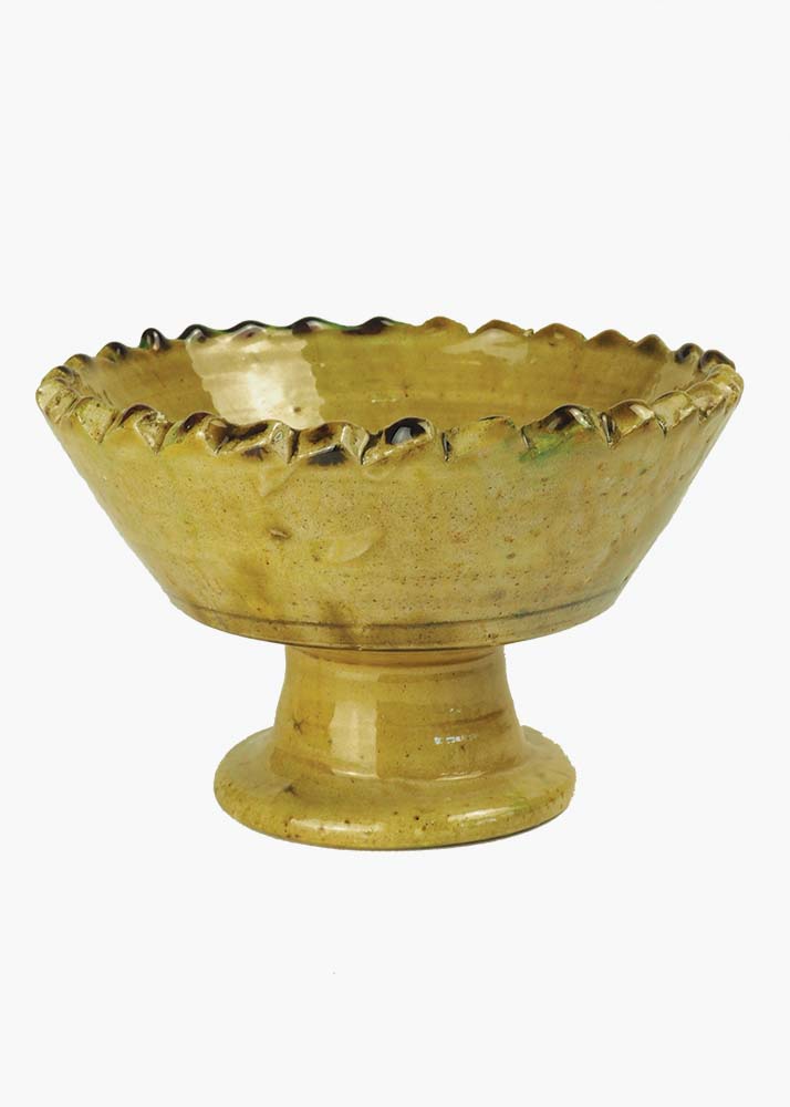 Vintage Tamegroute Ochre Jagged Edge Pedestal Fruit Bowl