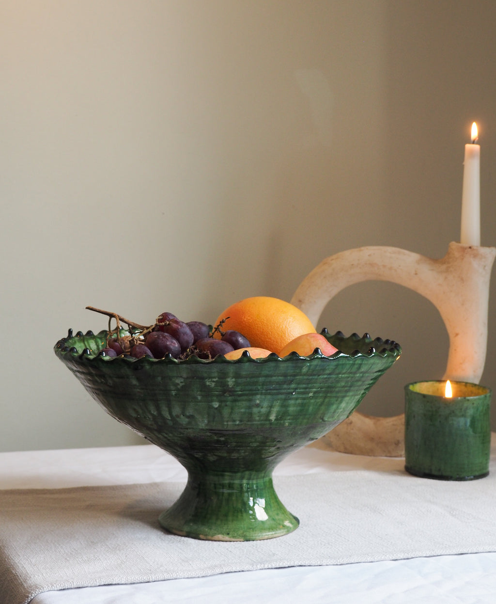 Vintage Tamegroute Green Jagged Edge Pedestal Fruit Bowl