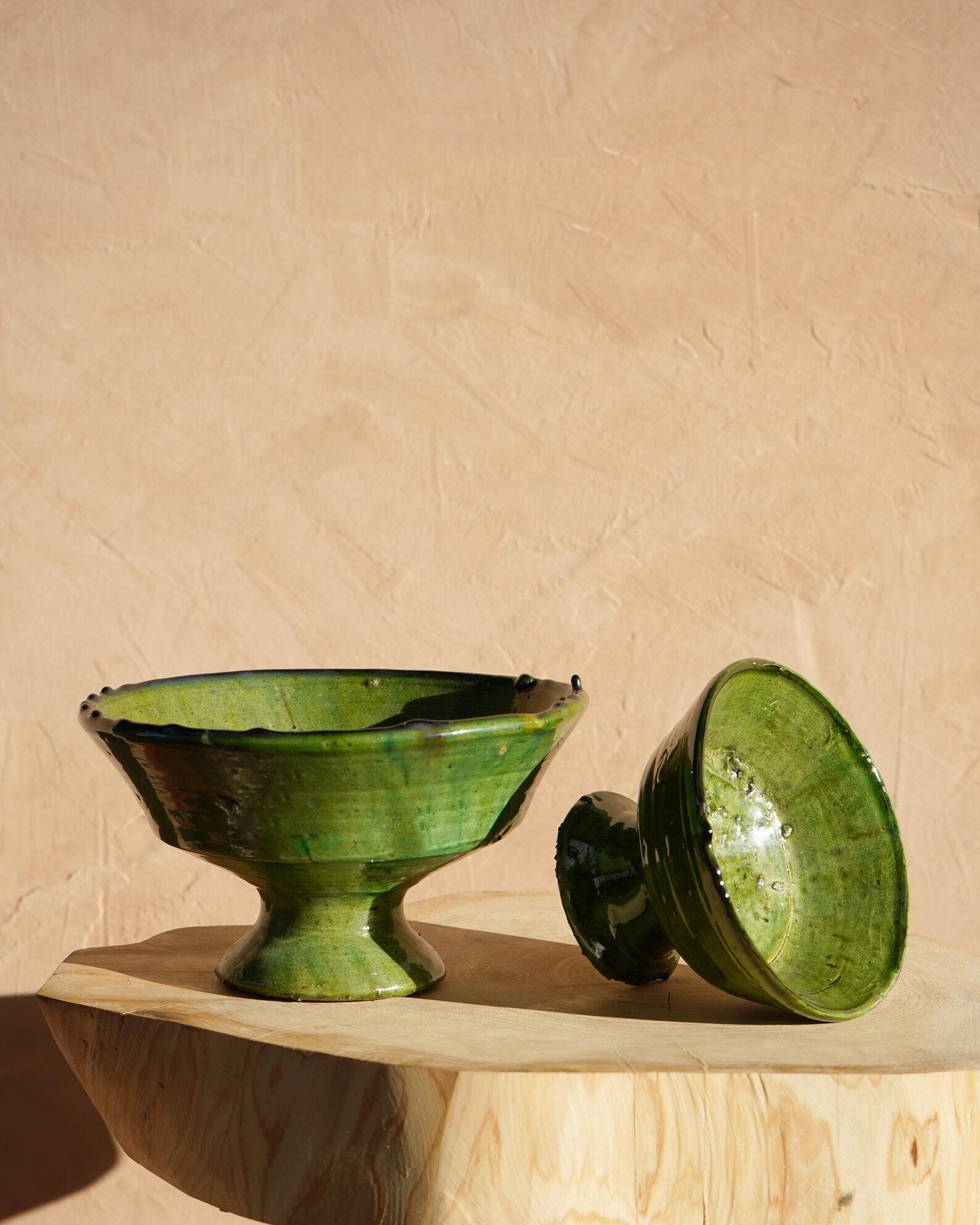 Vintage Tamegroute Green Plain Edge Pedestal Fruit Bowl