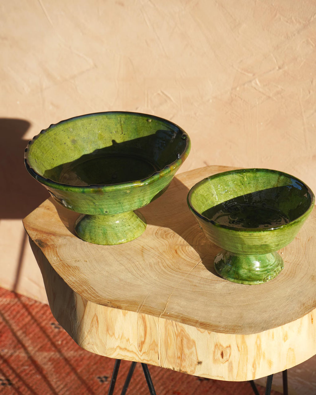 Vintage Tamegroute Green Plain Edge Pedestal Fruit Bowl