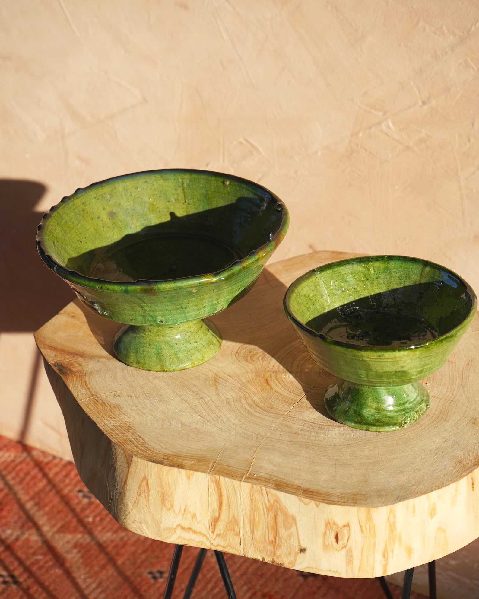 Vintage Tamegroute Green Plain Edge Pedestal Fruit Bowl