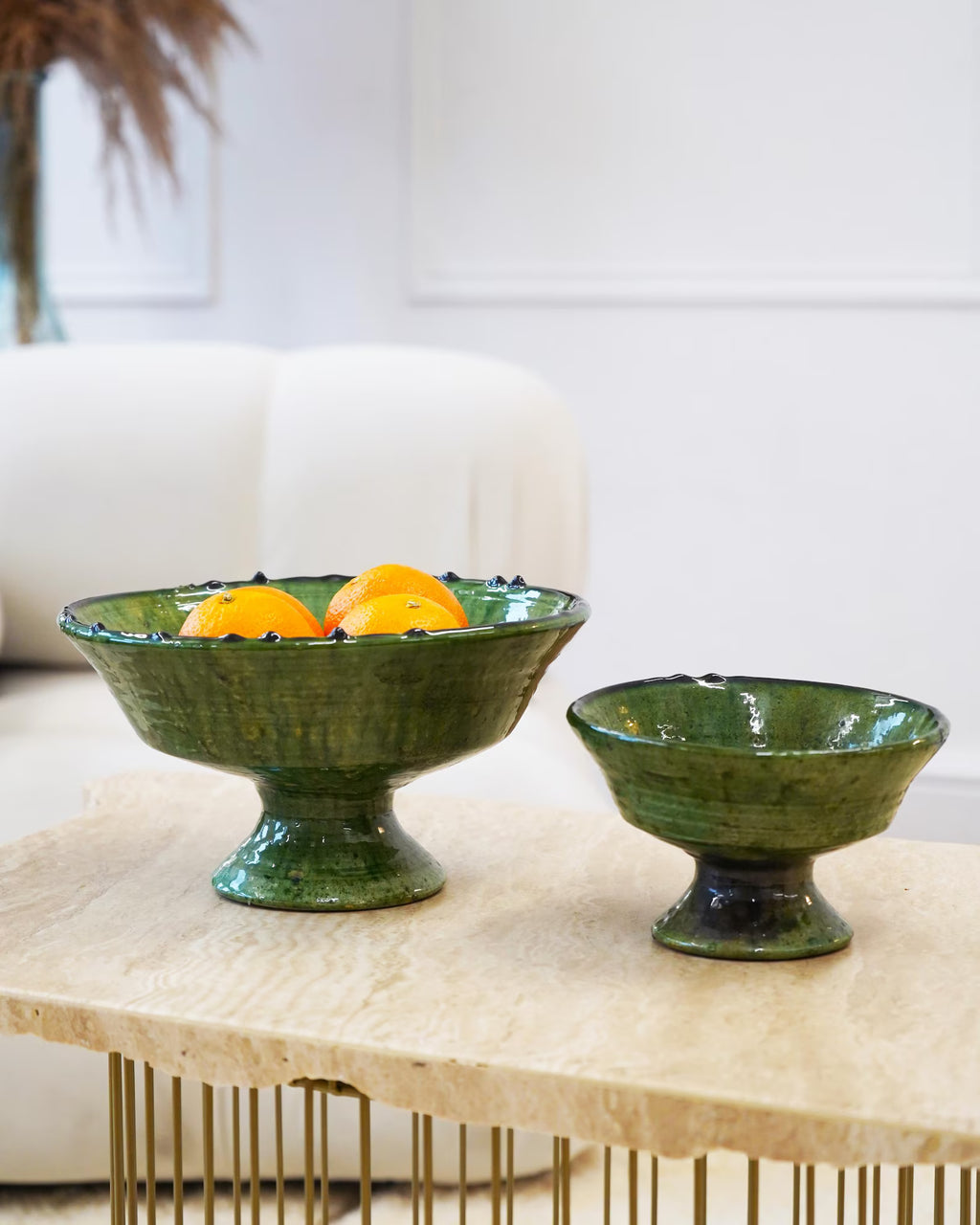 Vintage Tamegroute Green Plain Edge Pedestal Fruit Bowl