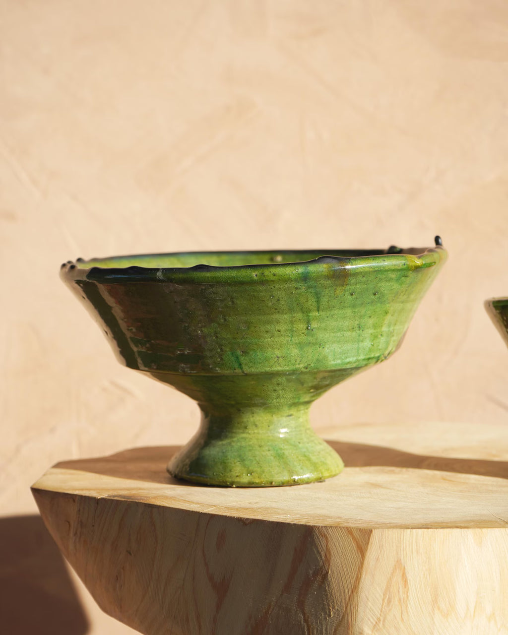 Vintage Tamegroute Green Plain Edge Pedestal Fruit Bowl