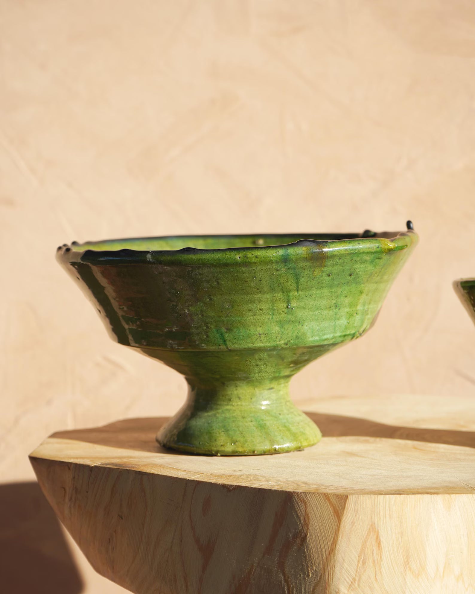 Vintage Tamegroute Green Plain Edge Pedestal Fruit Bowl