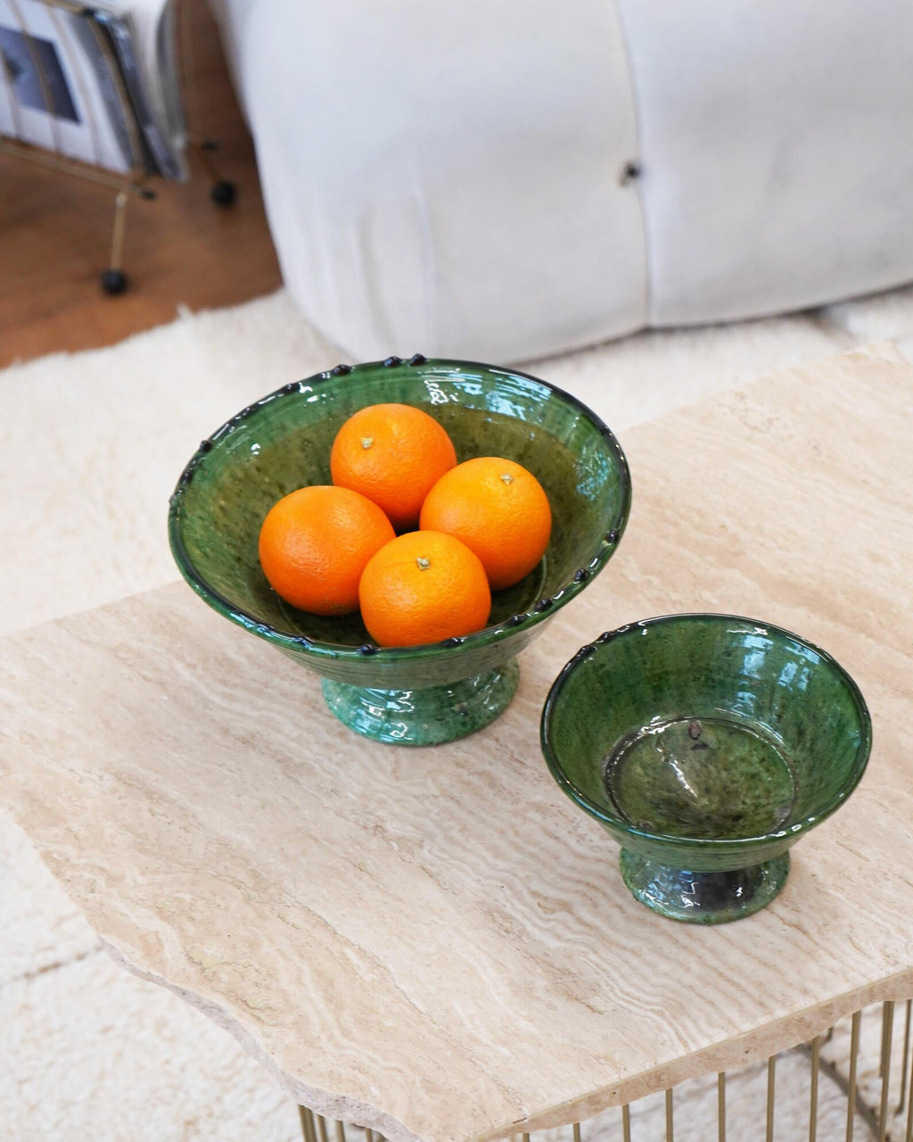 Vintage Tamegroute Green Plain Edge Pedestal Fruit Bowl