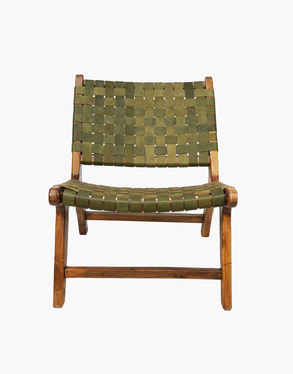 Sage Green Luxury Leather and Walnut Wood Woven Lounge Chair
