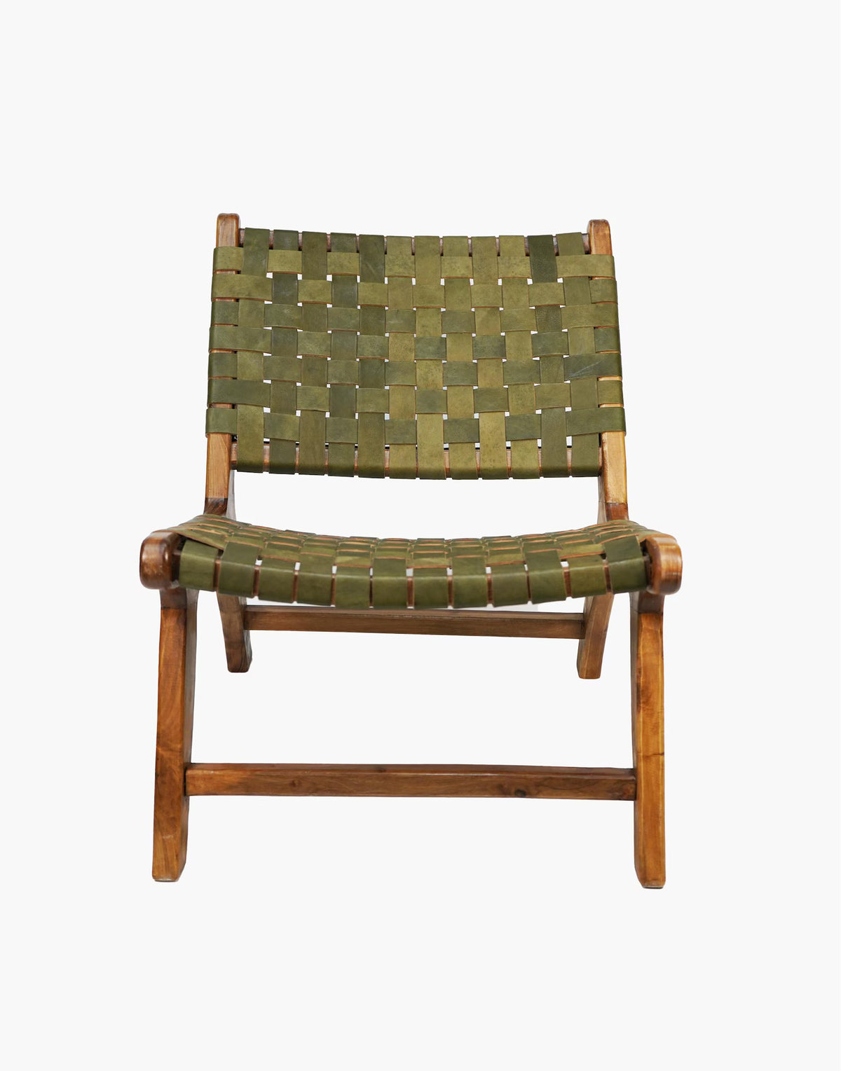 Sage Green Luxury Leather and Walnut Wood Woven Lounge Chair