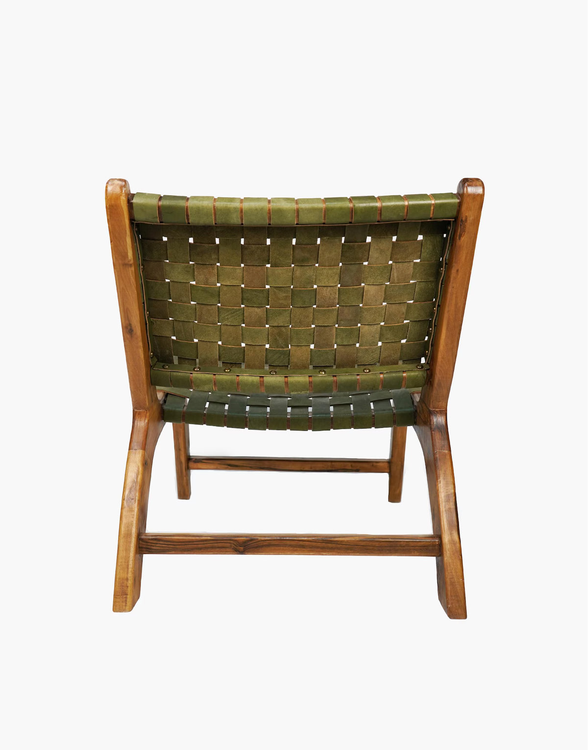 Sage Green Luxury Leather and Walnut Wood Woven Lounge Chair