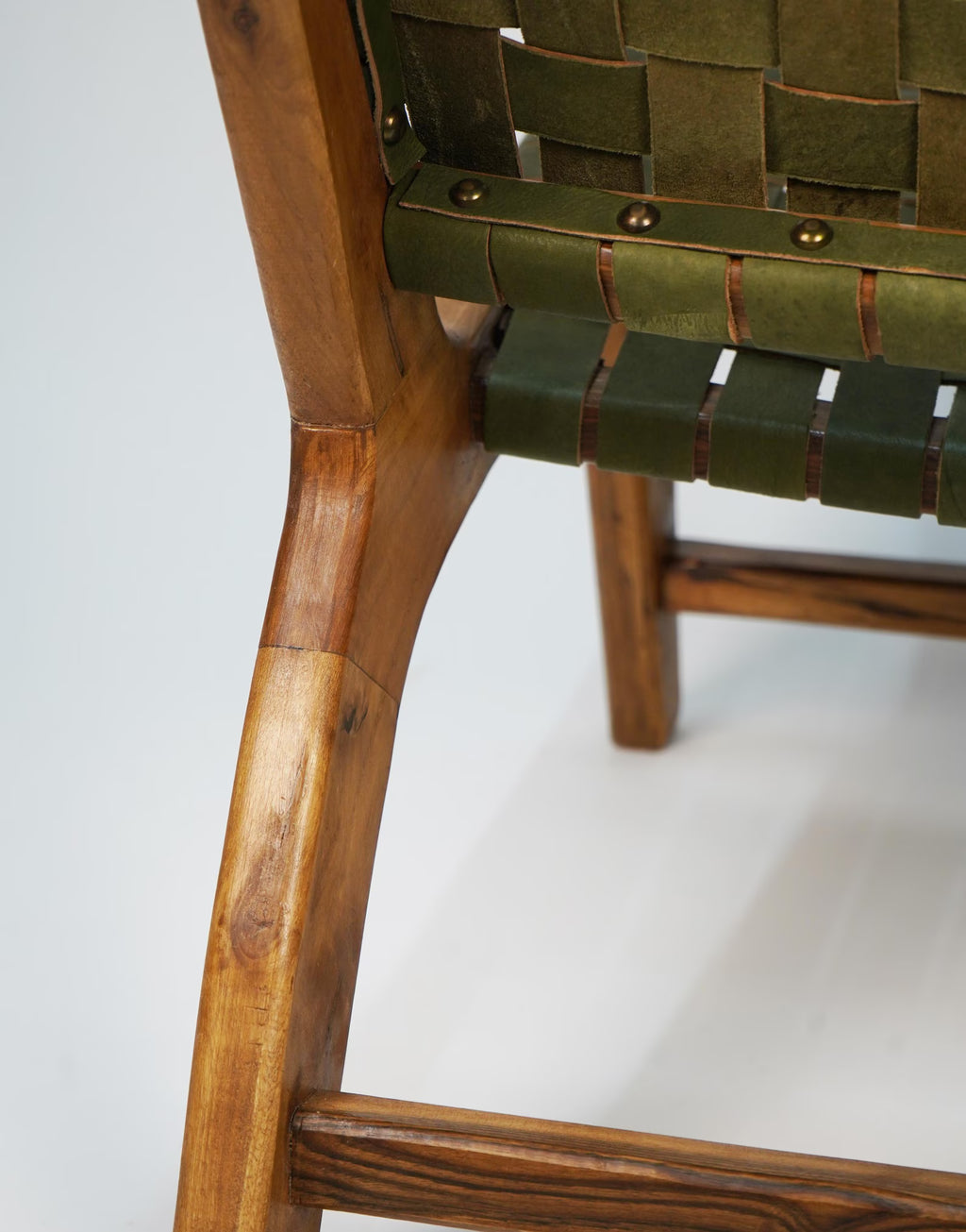 Sage Green Luxury Leather and Walnut Wood Woven Lounge Chair