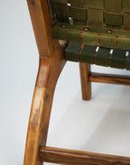 Sage Green Luxury Leather and Walnut Wood Woven Lounge Chair