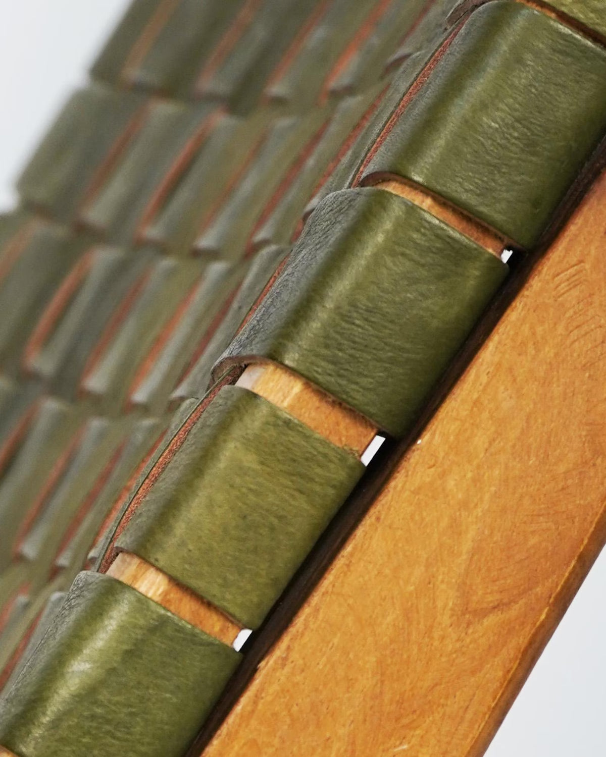 Sage Green Luxury Leather and Walnut Wood Woven Lounge Chair