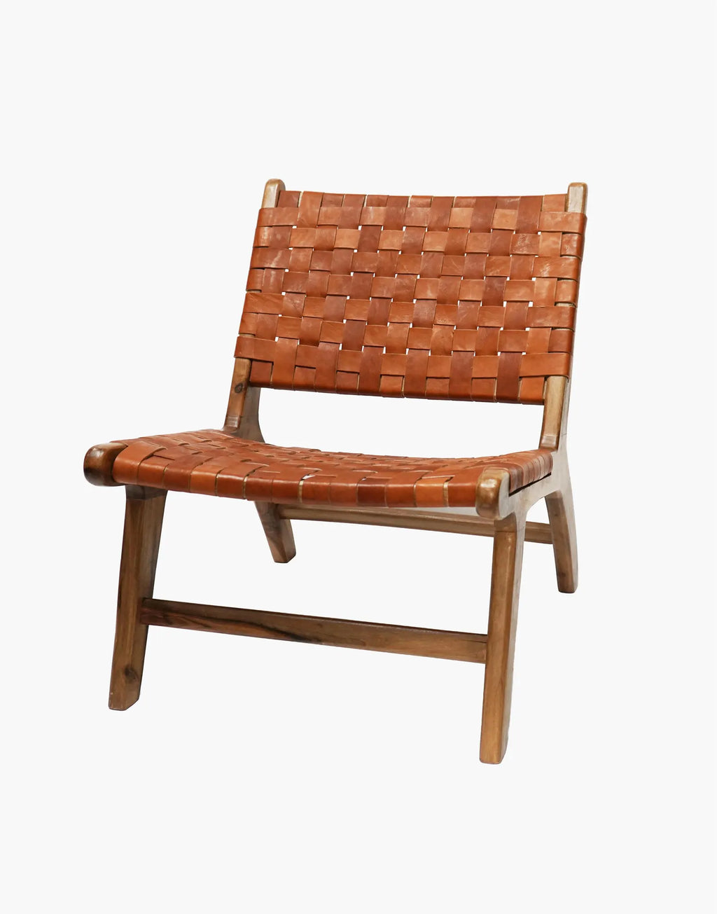 Caramel Brown Luxury Leather and Walnut Wood Woven Lounge Chair