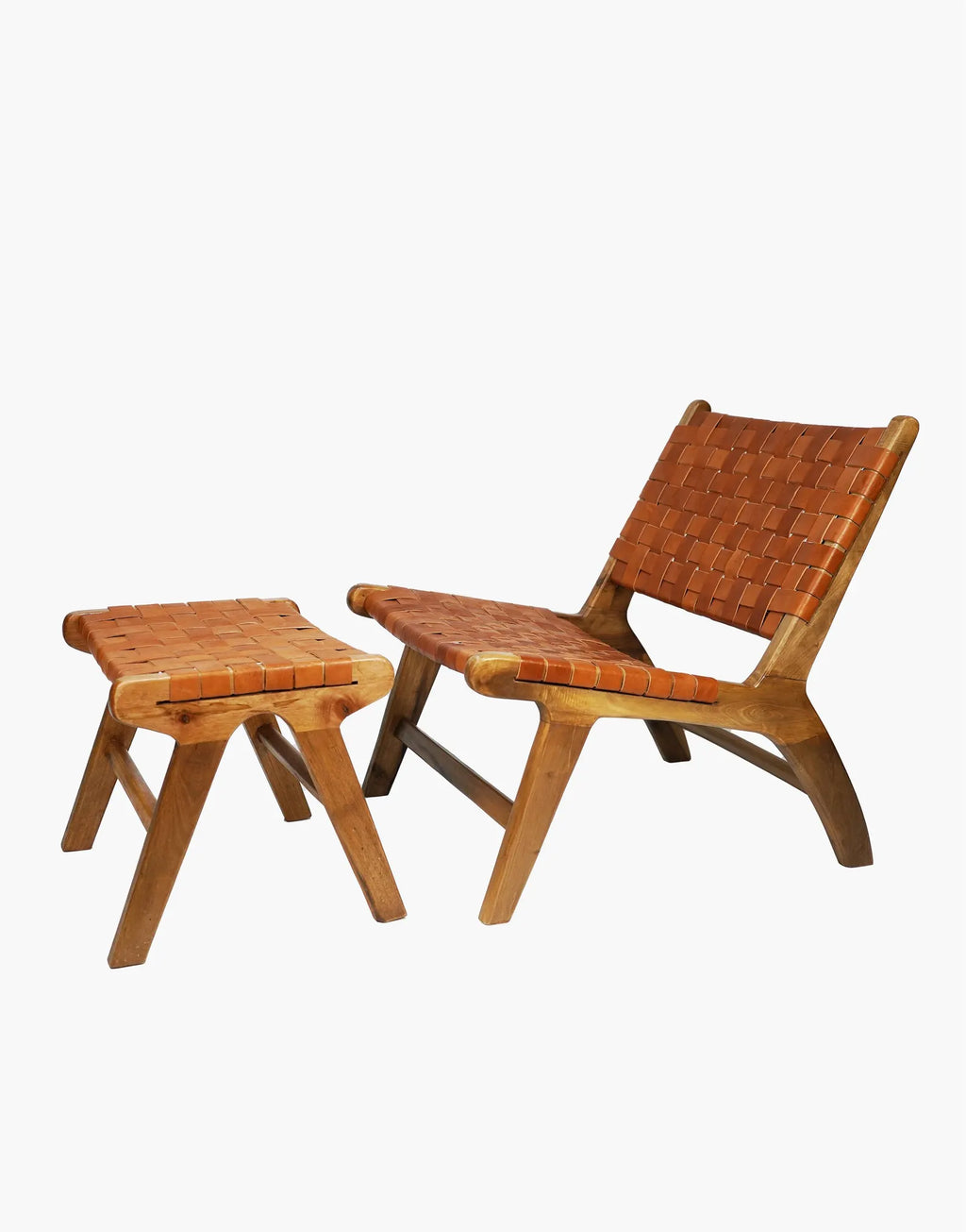 Caramel Brown Luxury Leather and Walnut Wood Woven Lounge Chair