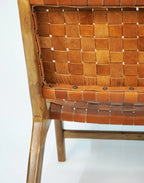 Caramel Brown Luxury Leather and Walnut Wood Woven Lounge Chair