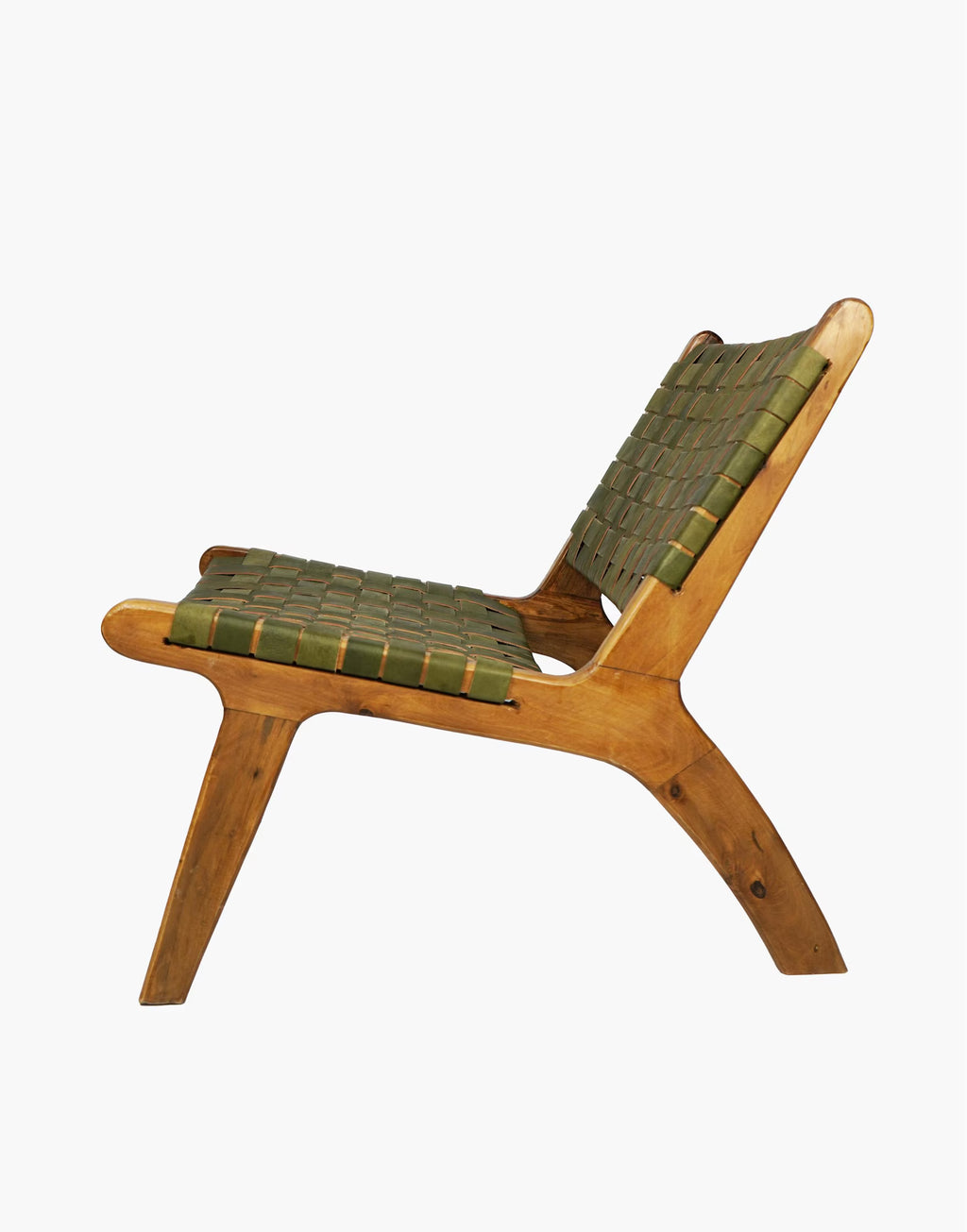 Sage Green Luxury Leather and Walnut Wood Woven Lounge Chair