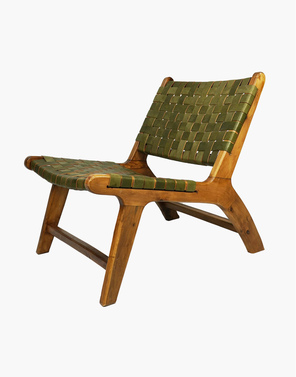 Sage Green Luxury Leather and Walnut Wood Woven Lounge Chair