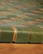 Sage Green Luxury Leather and Walnut Wood Woven Lounge Chair
