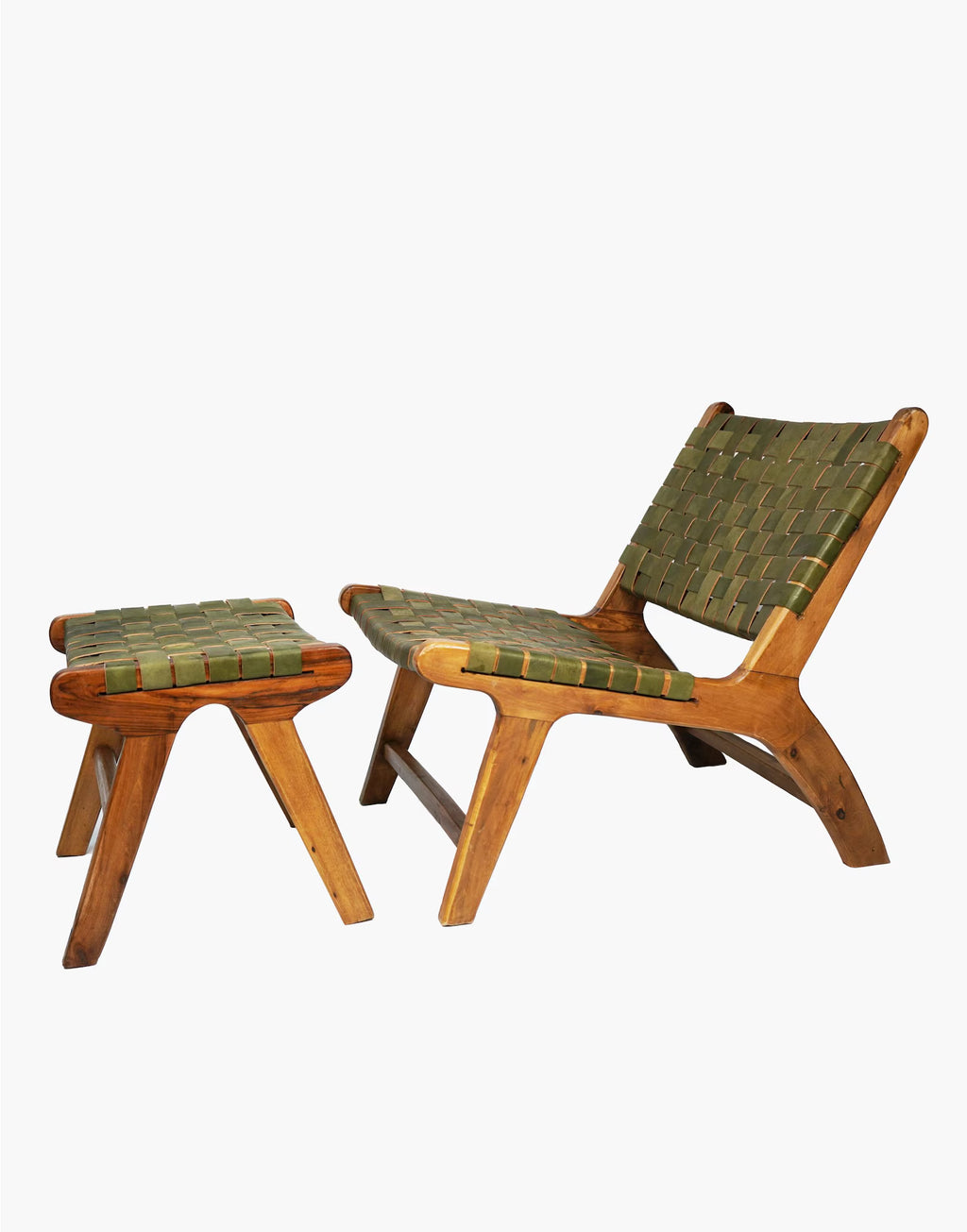 Sage Green Luxury Leather and Walnut Wood Woven Lounge Chair