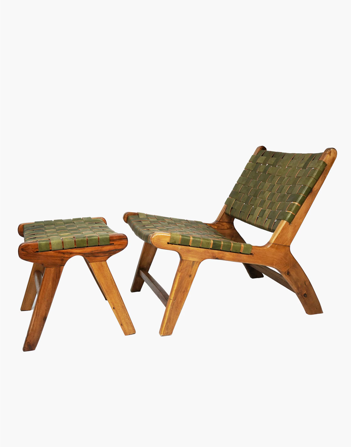 Sage Green Luxury Leather and Walnut Wood Woven Lounge Chair