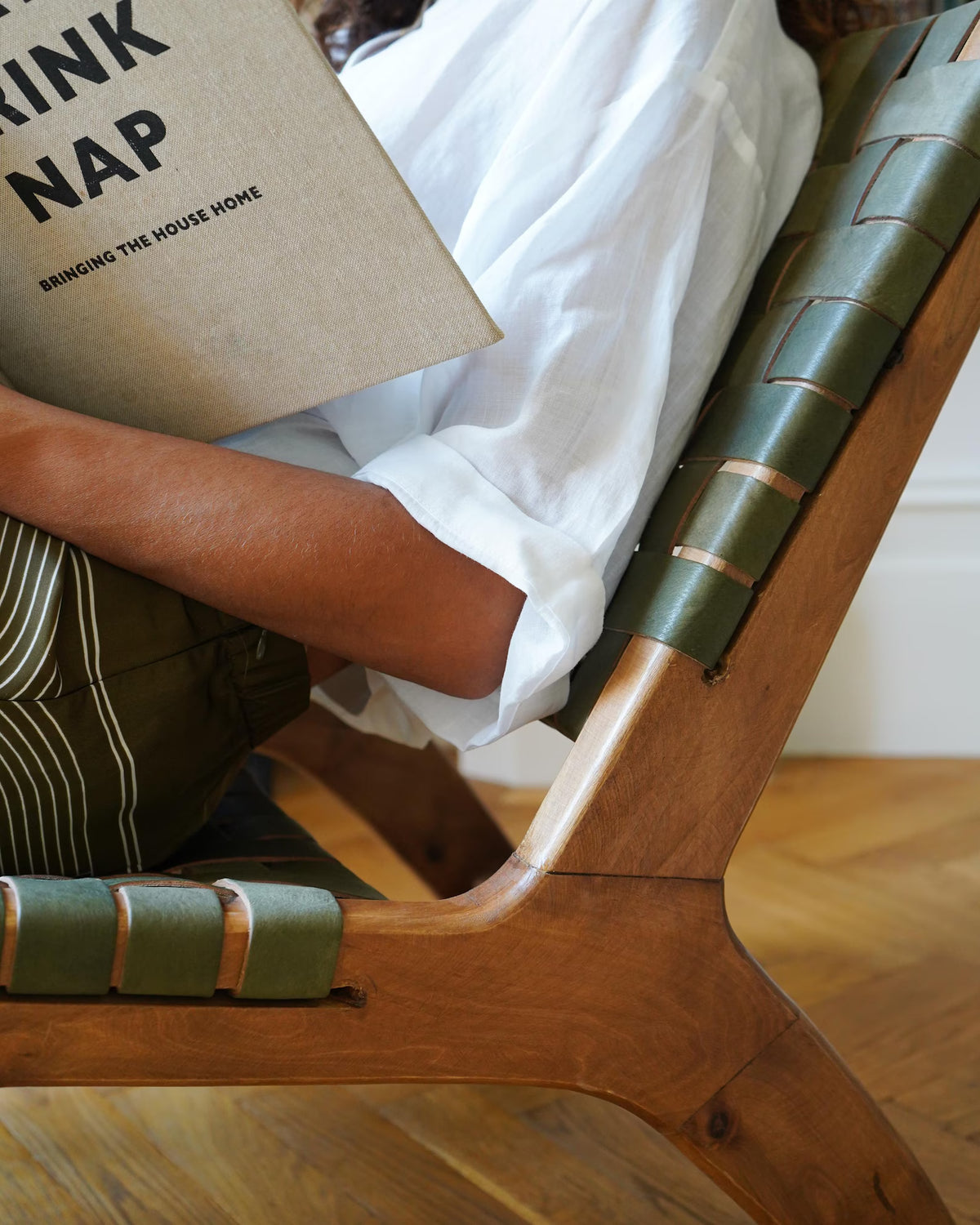 Sage Green Luxury Leather and Walnut Wood Woven Lounge Chair
