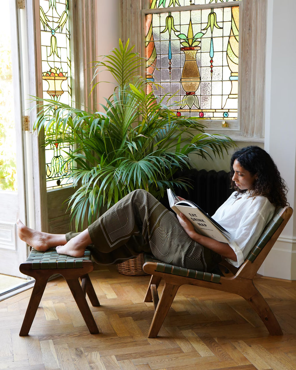 Sage Green Luxury Leather and Walnut Wood Woven Lounge Chair