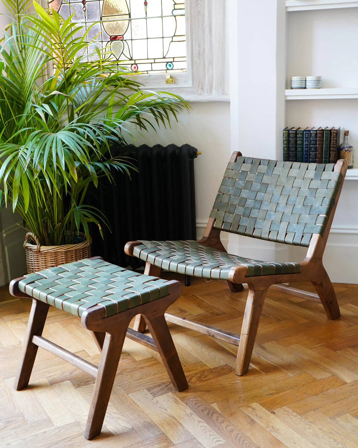 Sage Green Luxury Leather and Walnut Wood Woven Lounge Chair
