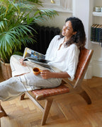 Caramel Brown Luxury Leather and Walnut Wood Woven Lounge Chair