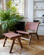 Caramel Brown Luxury Leather and Walnut Wood Woven Lounge Chair