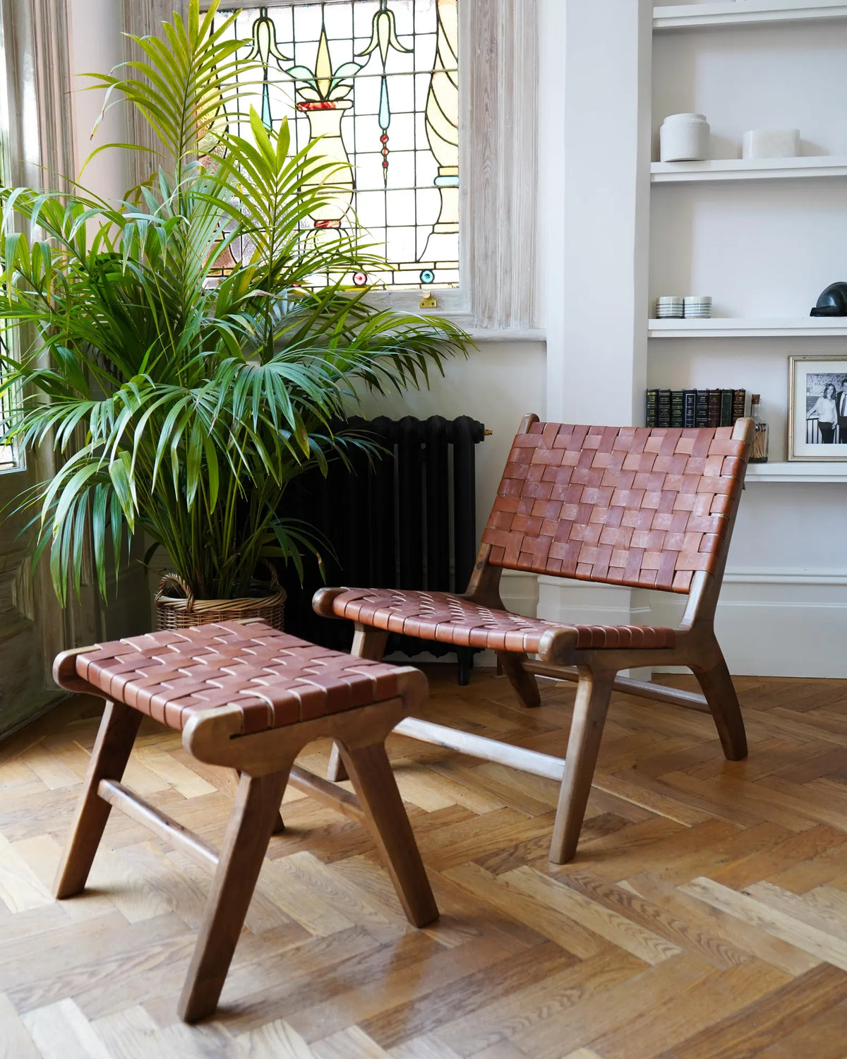 Caramel Brown Luxury Leather and Walnut Wood Woven Lounge Chair