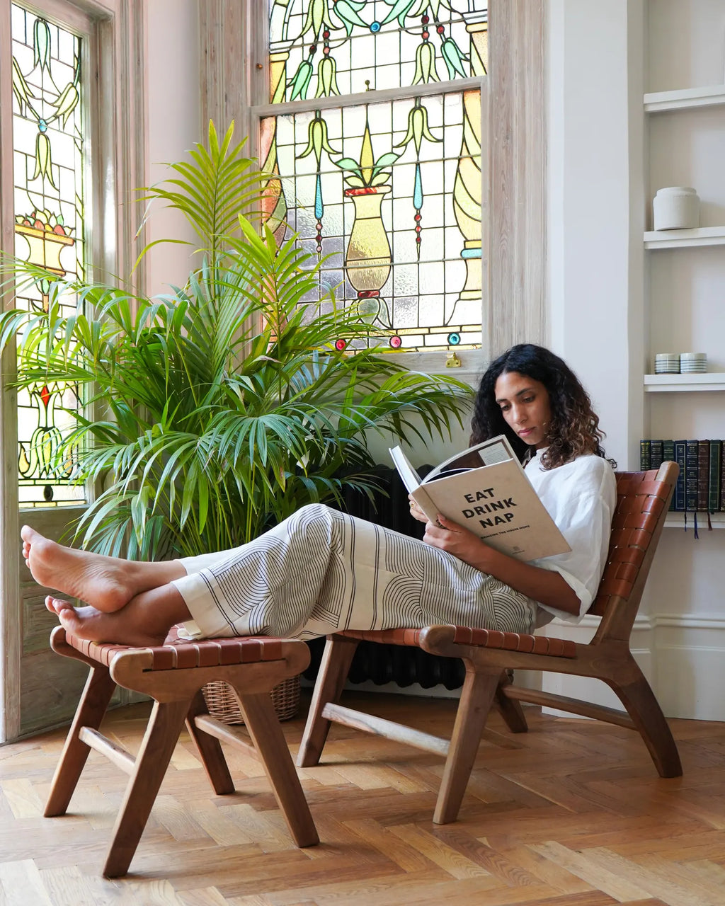 Caramel Brown Luxury Leather and Walnut Wood Woven Lounge Chair