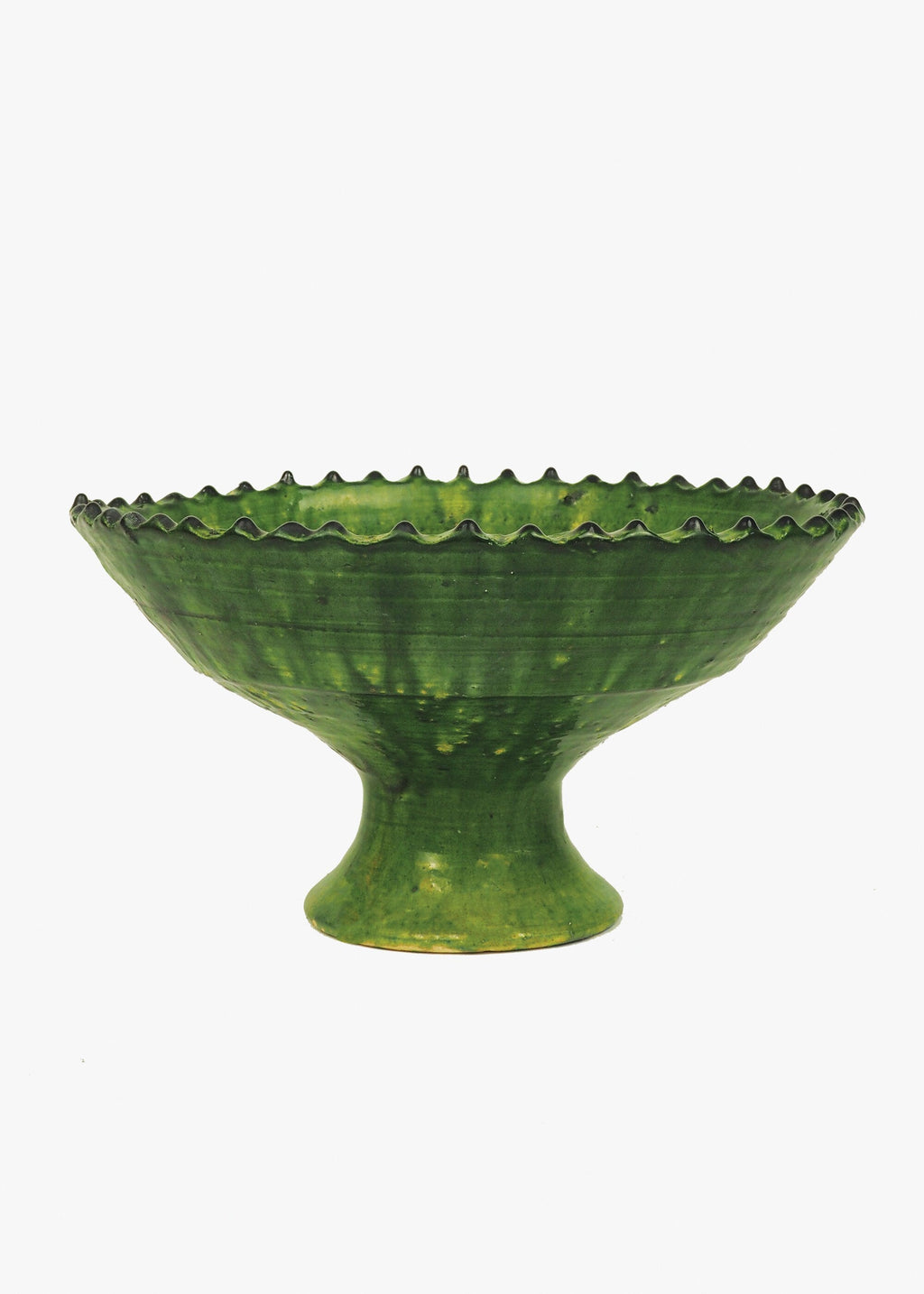 Vintage Tamegroute Green Jagged Edge Pedestal Fruit Bowl