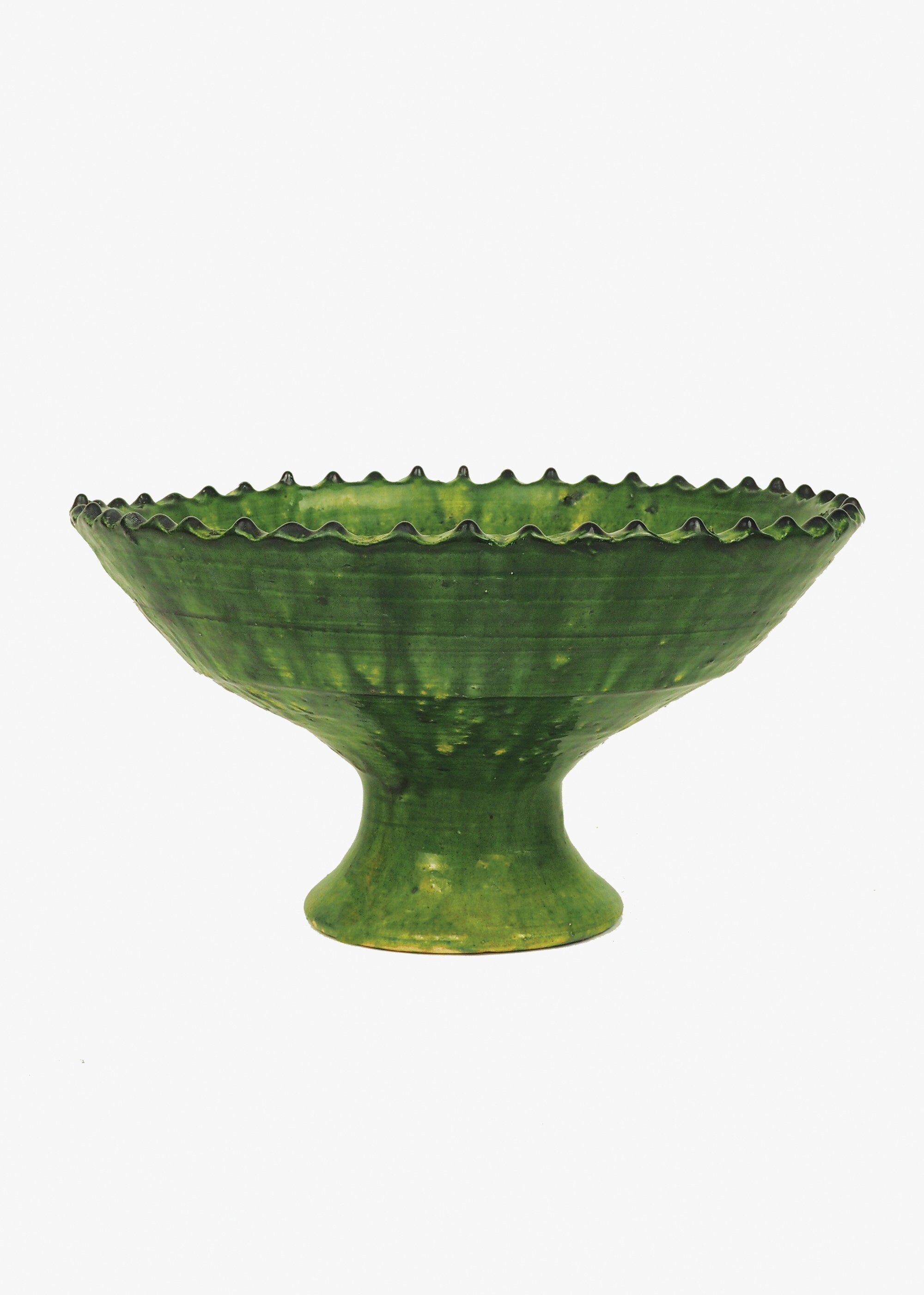 Vintage Tamegroute Green Jagged Edge Pedestal Fruit Bowl