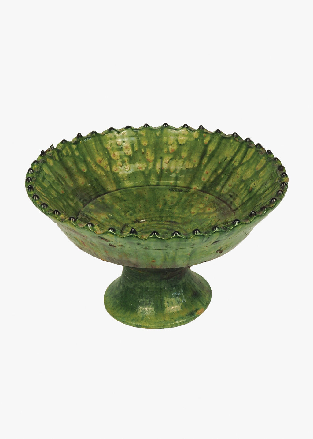 Vintage Tamegroute Green Jagged Edge Pedestal Fruit Bowl