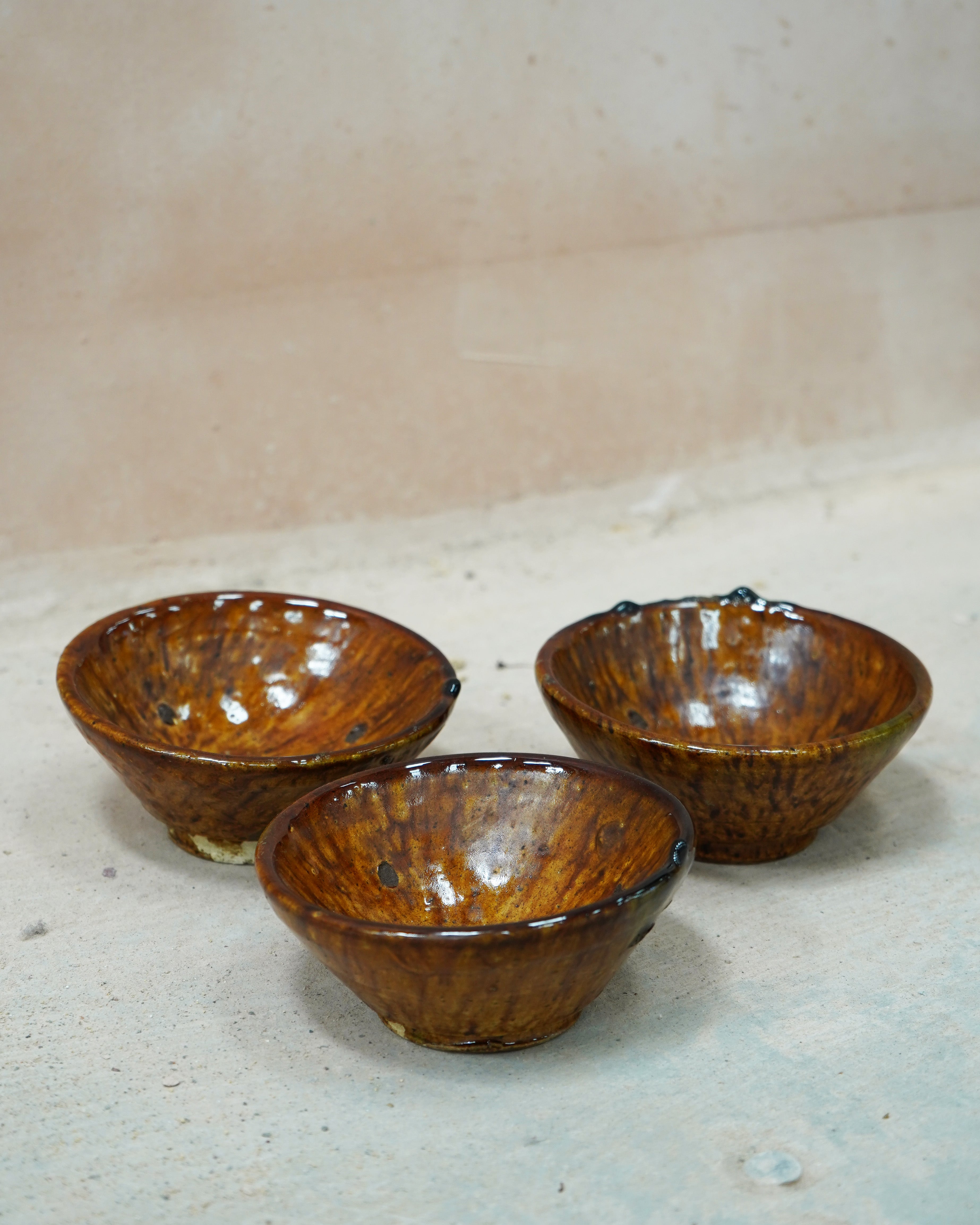 Vintage Tamegroute Set of 3 Golden Ochre Glazed Trinket Bowls