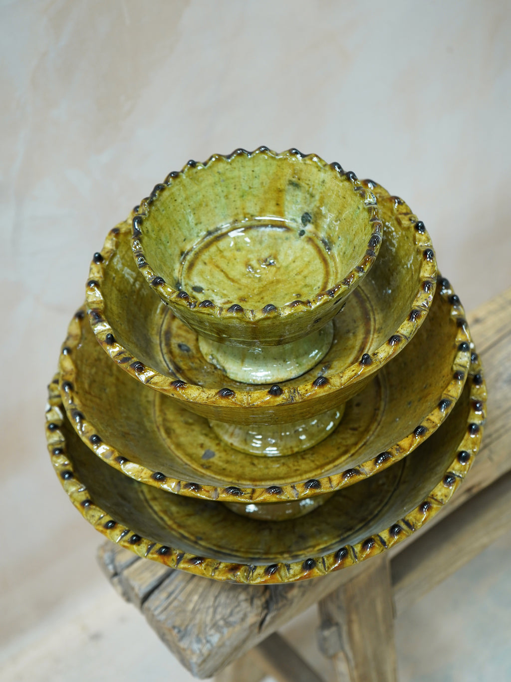 Vintage Tamegroute Ochre Jagged Edge Pedestal Fruit Bowl