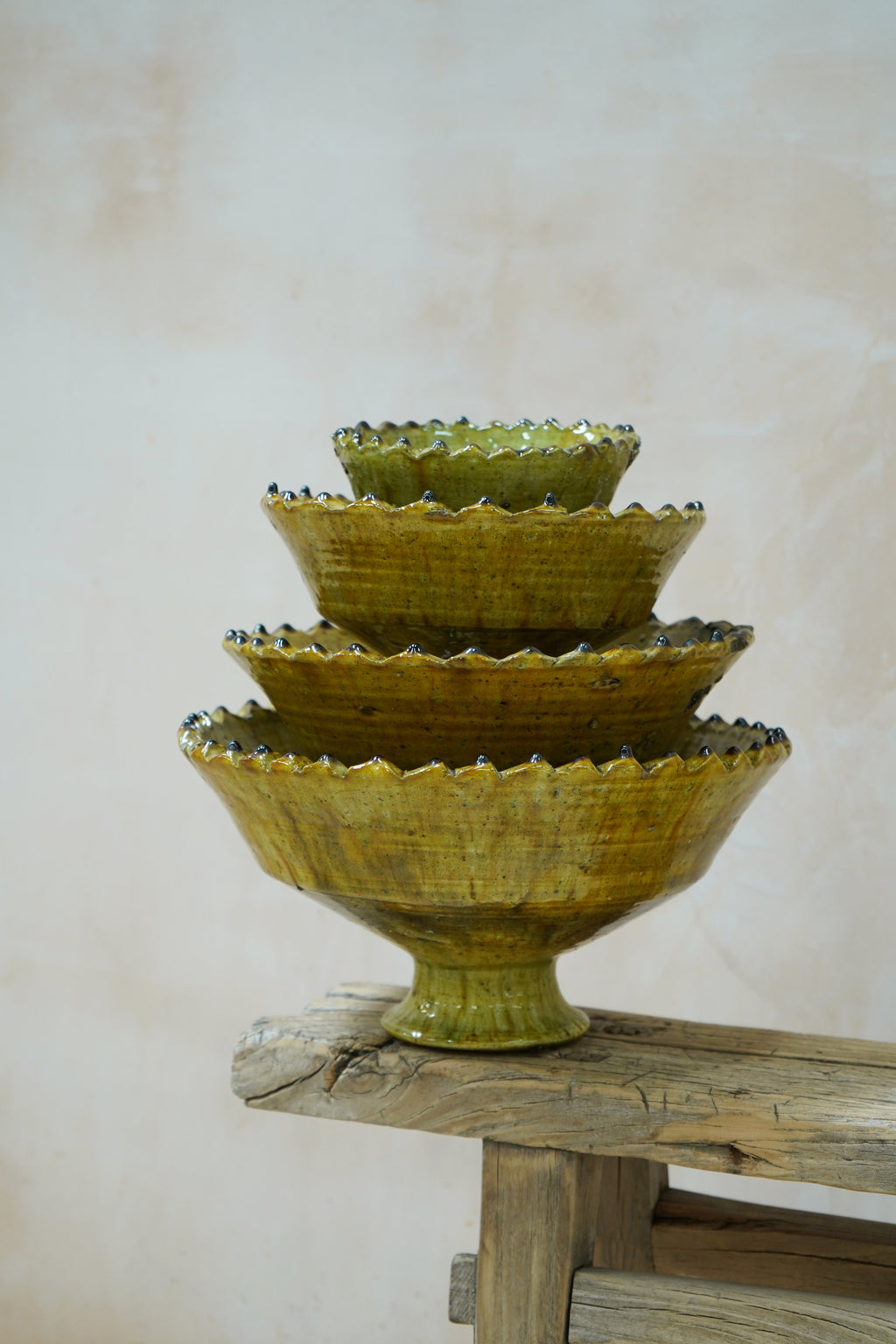 Vintage Tamegroute Ochre Jagged Edge Pedestal Fruit Bowl